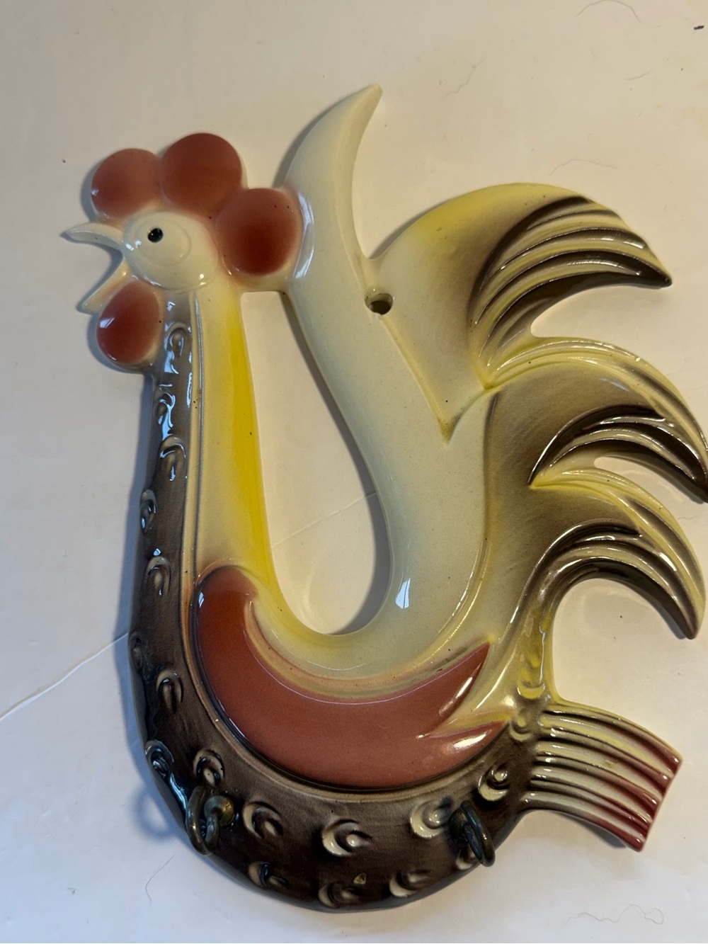 Glazed Ceramic Rooster Wall Accent in Yellow, Brown & Pink